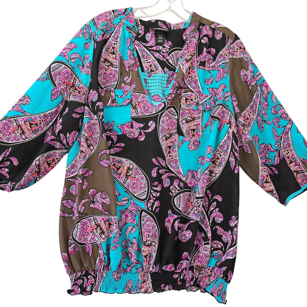 Lane Bryant Black Blue Paisley Shirt Size 14 V-Neck 3/4 Sleeves Women Blouse Top